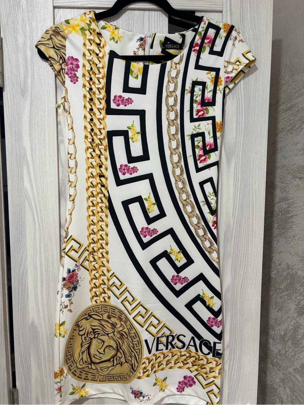 Replica Versace White Dress with Gold Chain & Black Greek Key Accentsy